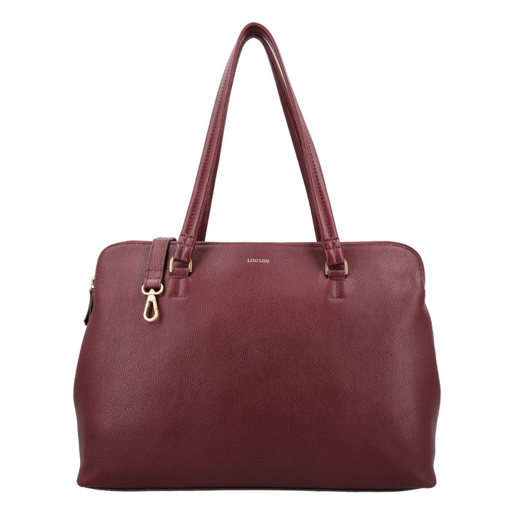 Voorkant met schouderriem van de Lou Lou Oliva leren dames werktas ruby #kleur_ruby