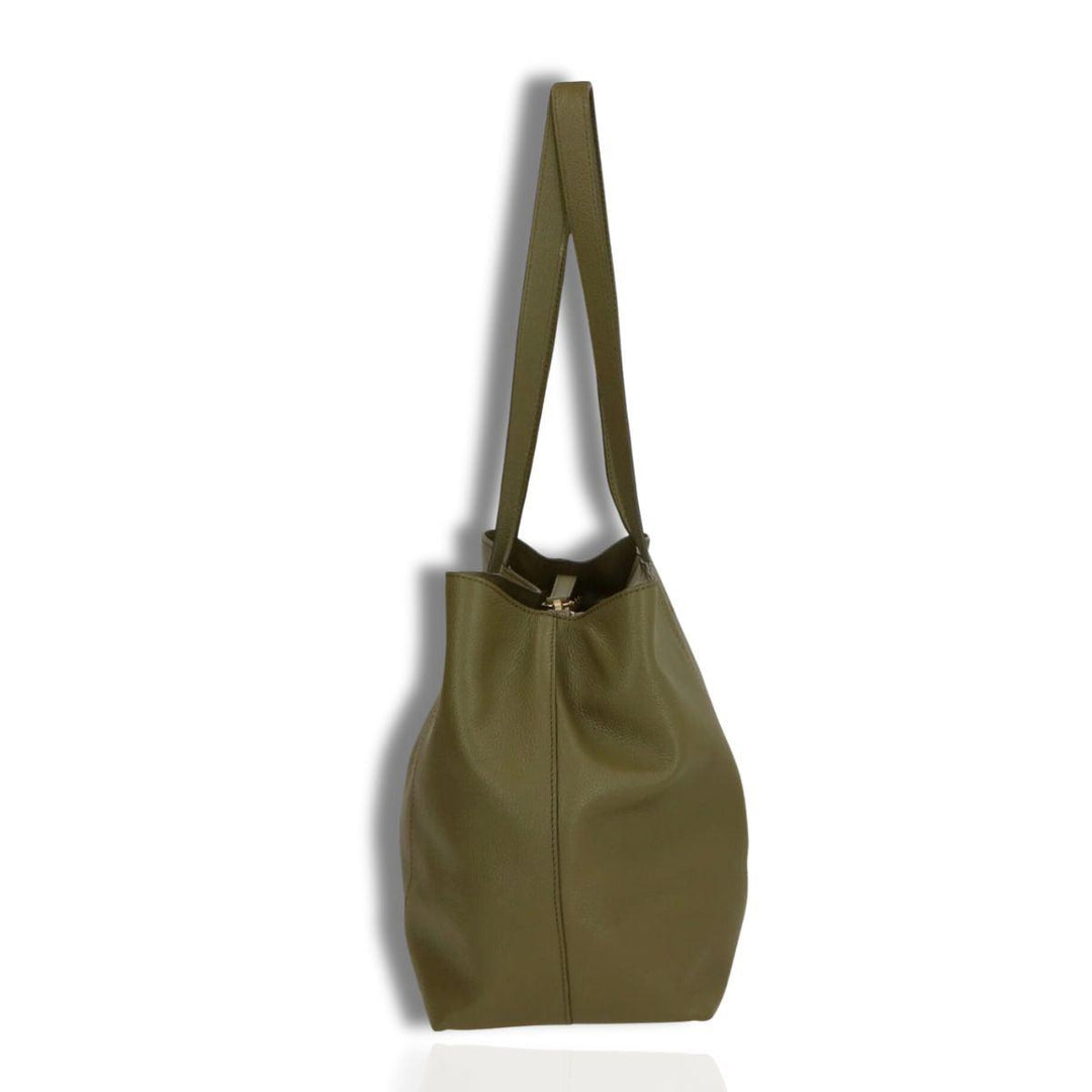 Zijkant LouLou Valerie leren shopper olijf #kleur_olijf