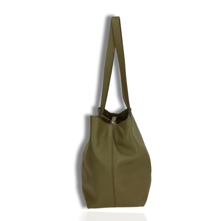 Zijkant LouLou Valerie leren shopper olijf #kleur_olijf