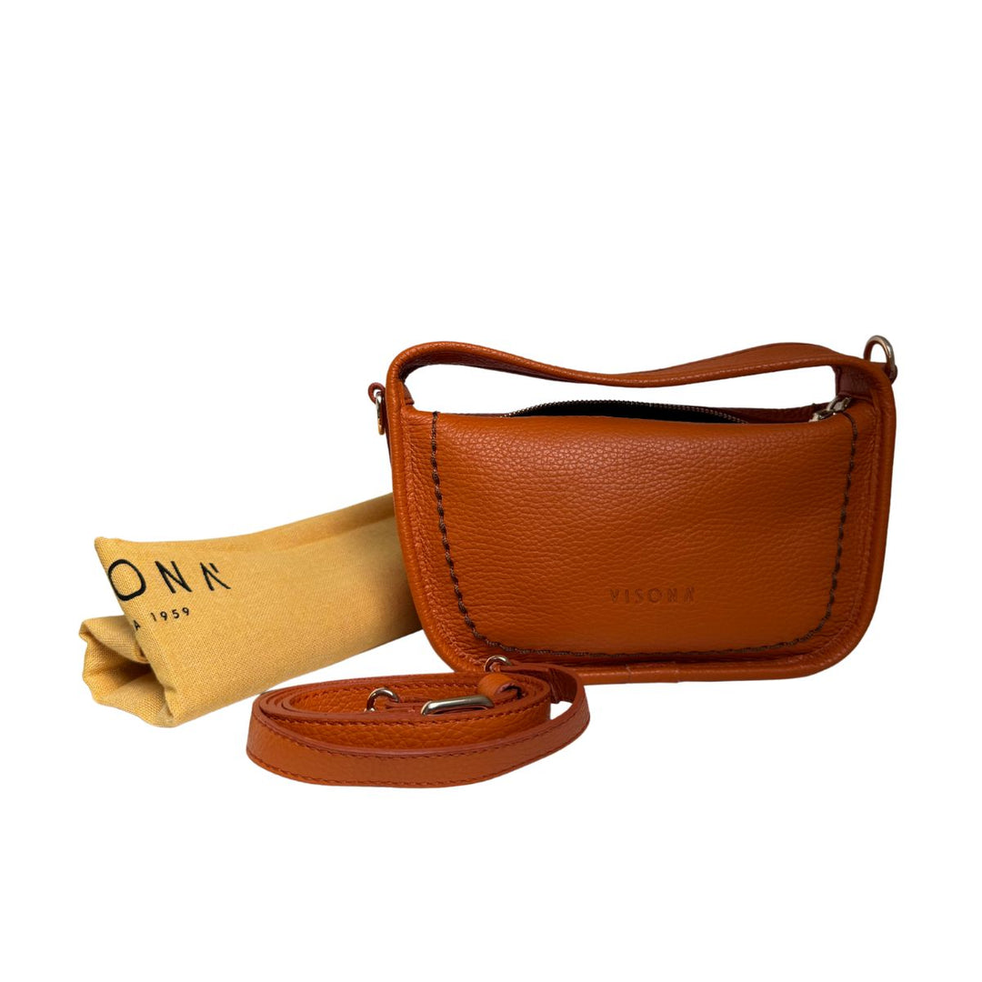 Voorkant met schouderriem en bewaarhoes van de Plinio Visona _23140_ Leren handtas oranje #kleur_oranje 