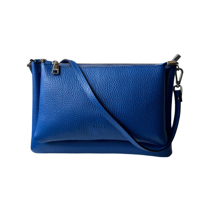 voorkant met korte schouderband van de Ripani 7076 leren schoudertas blauw #kleur_blauw