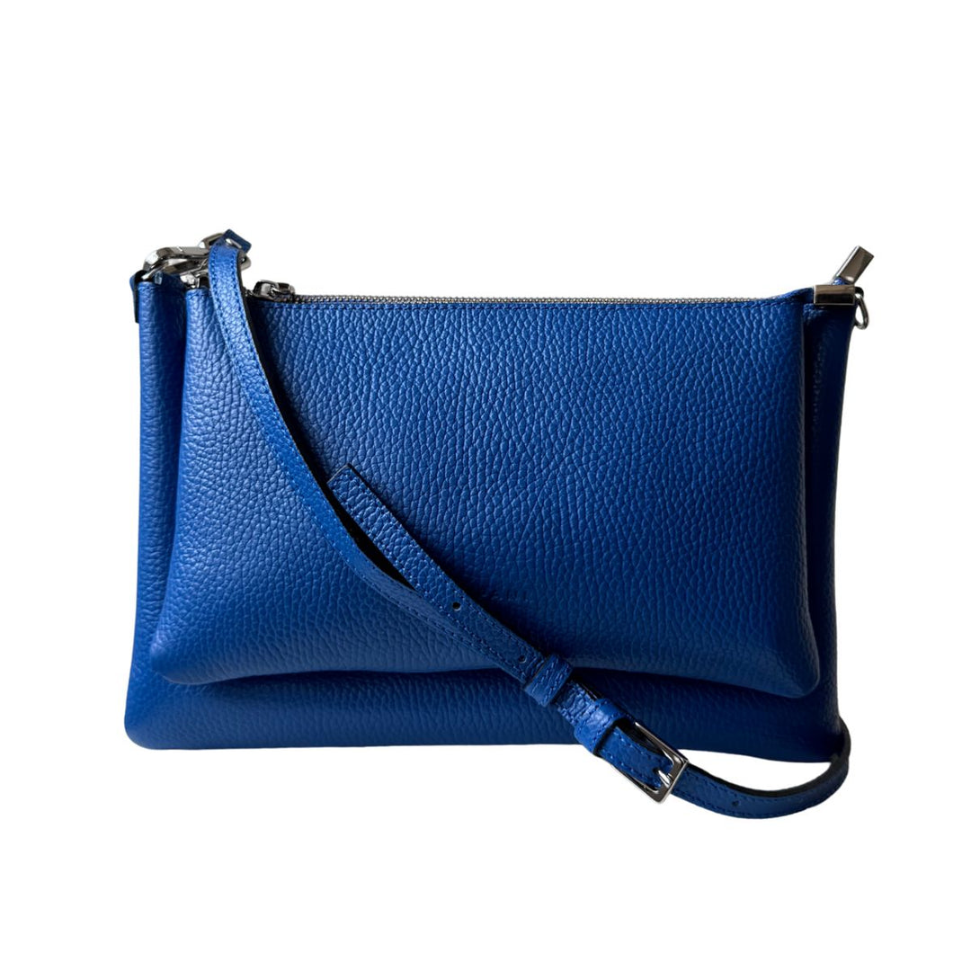 Voorkant met een lange schouderriem van de Ripani 7076 leren schoudertas blauw #kleur_blauw