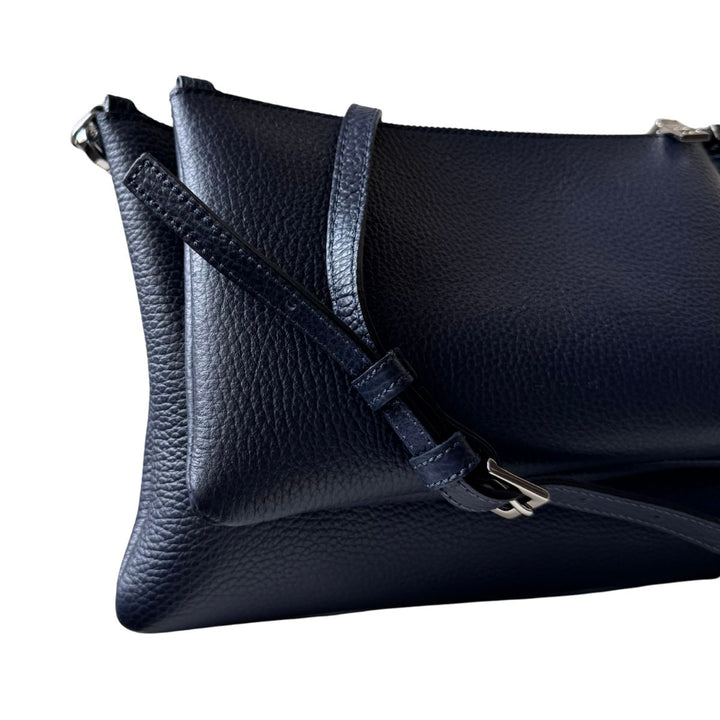 Voorkant met lange schouderriem van de Ripani 7076 leren schoudertas navy #kleur_navy