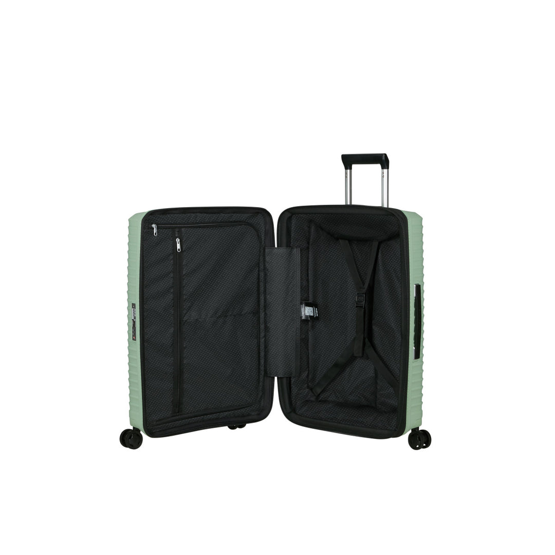 Binnenkant van de Samsonite Upscape 68 middelmaat koffer in Soft-sage #kleur_soft-sage