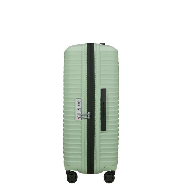 Zijkant van de Samsonite Upscape 68 middelmaat koffer in Soft-sage #kleur_soft-sage