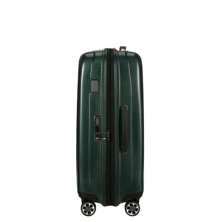 Zijkant van de Samsonite NEXIS grote koffer 76 EXP in deep Forest #kleur_deep-forest