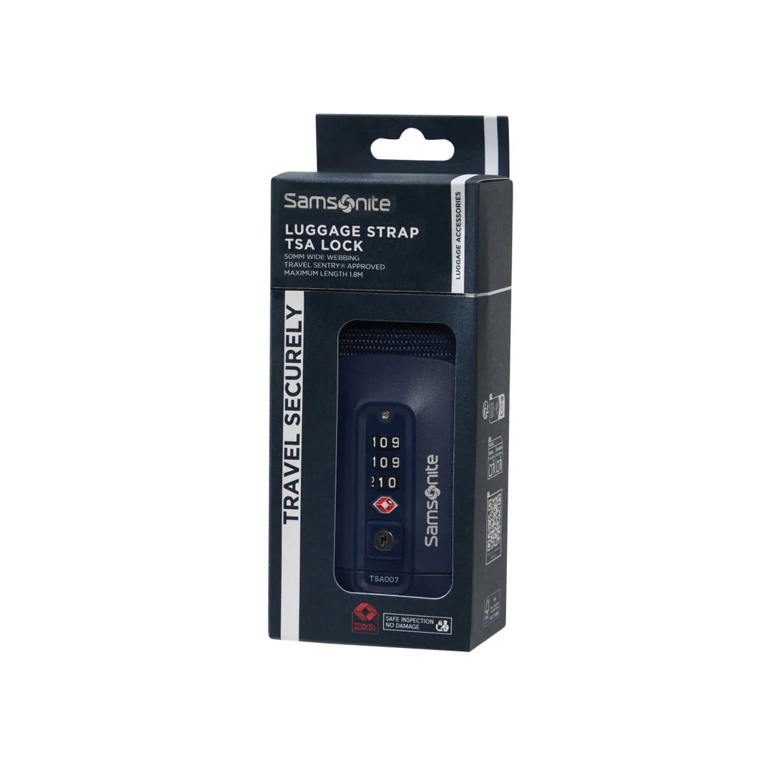 Verpakking van de Samsonite koffer riem met cijverslot navy #kleur_navy