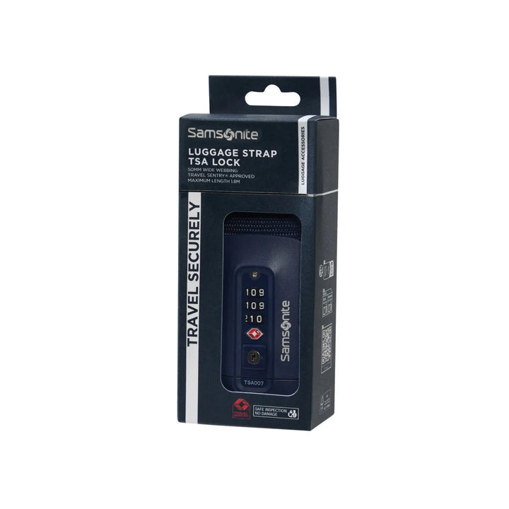 Verpakking van de Samsonite koffer riem met cijverslot navy #kleur_navy