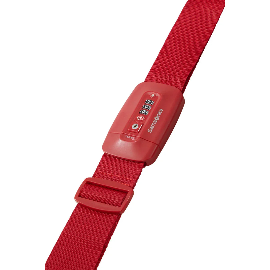 Voorzijde  van de Samsonite koffer riem met cijverslot rood #kleur_rood