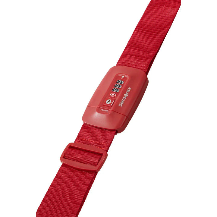 Voorzijde  van de Samsonite koffer riem met cijverslot rood #kleur_rood
