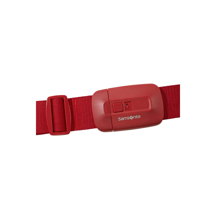 Achterkant van de Samsonite Luggage strap kofferriem in het rood #kleur_rood