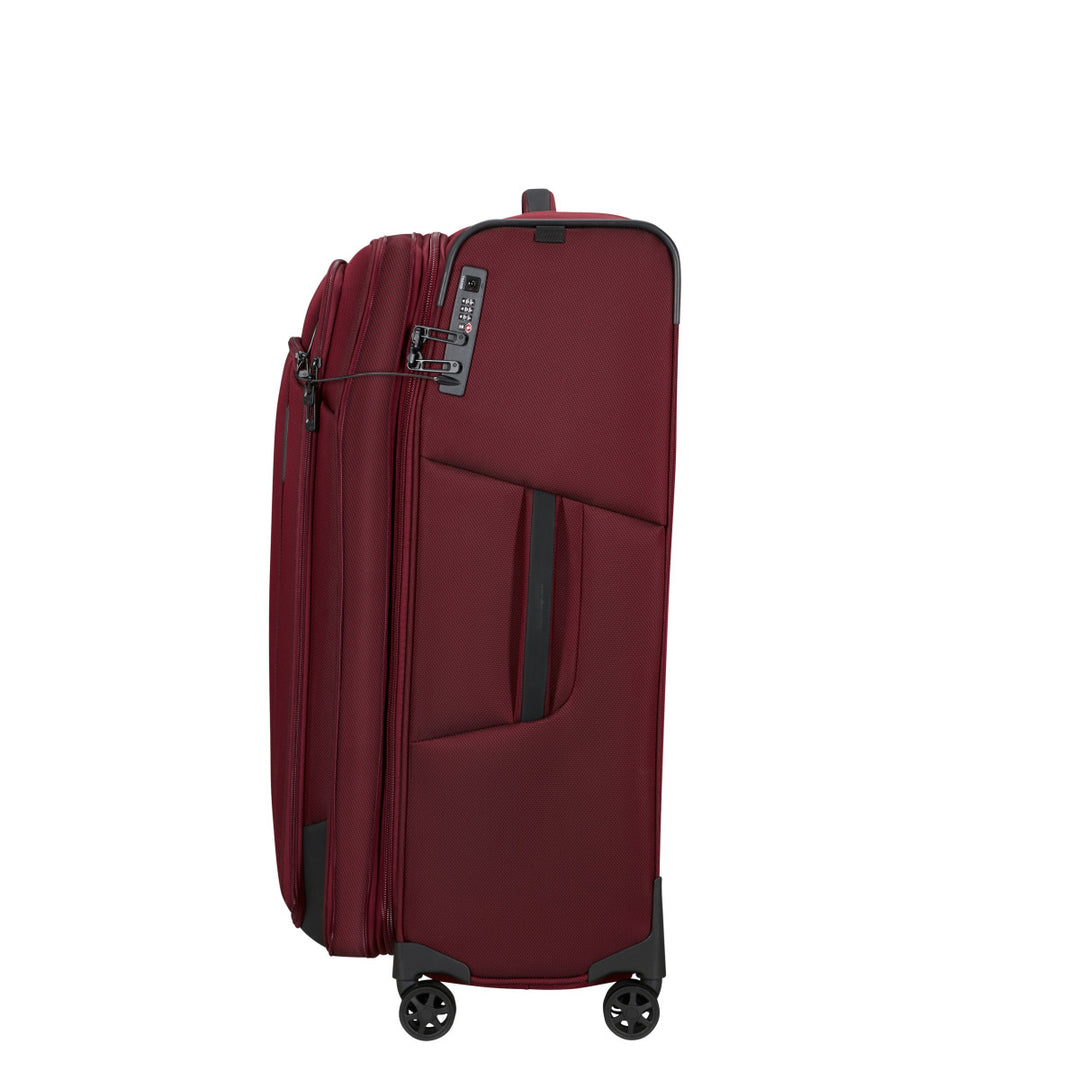 Zijkant met expanadable van de Samsonite Respark grote koffer 79 EXP burgundy #kleur_burgundy