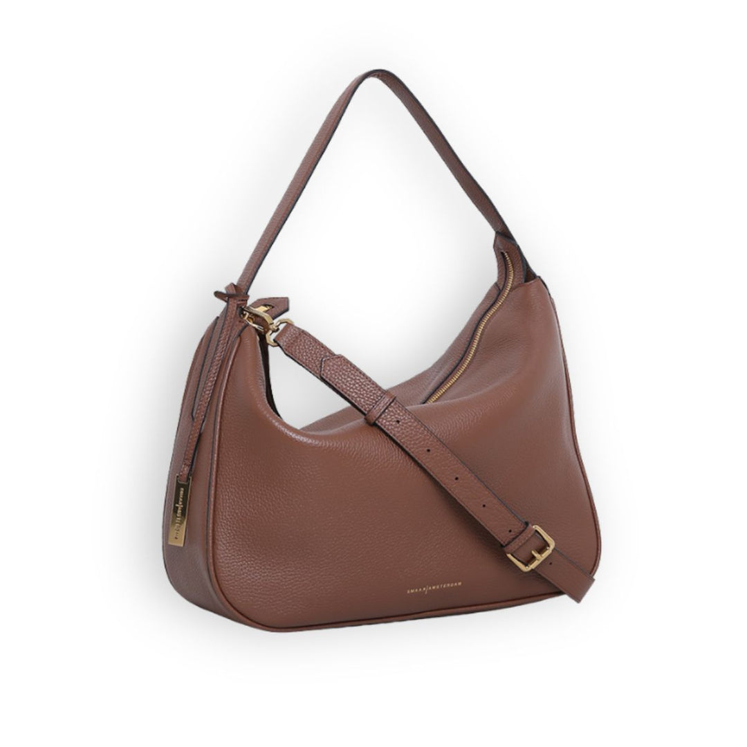 Voorzijde van de Smaak Amsterdam Monroe leren schoudertas in camel #kleur_camel