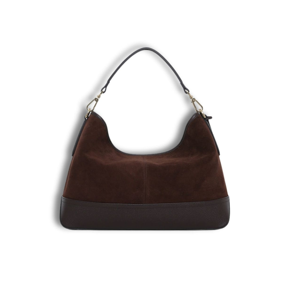 Achterkant van de Smaak Amsterdam Mirel suede schoudertas #kleur_hazel 