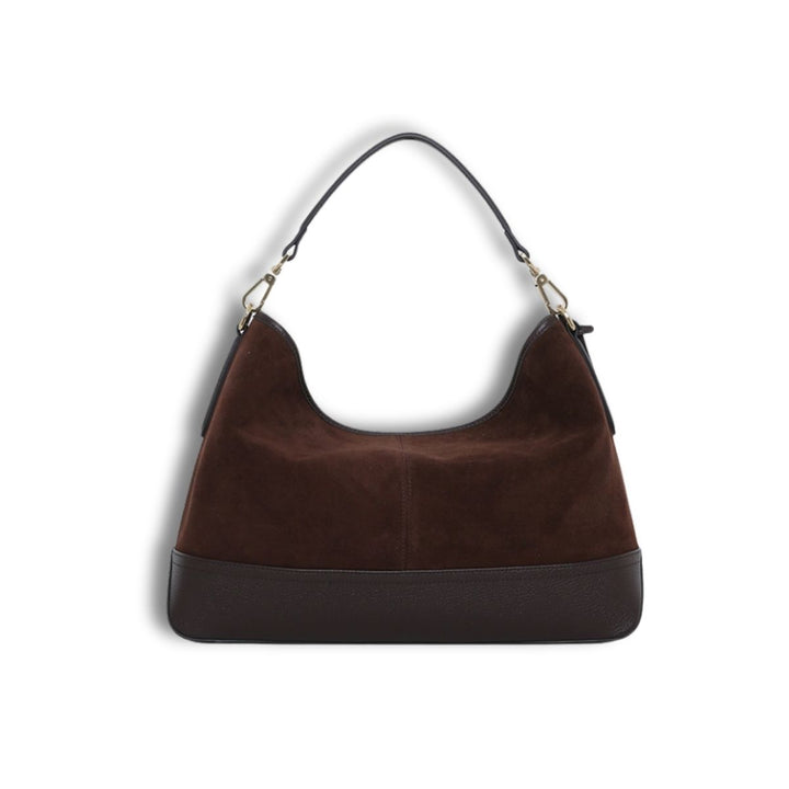 Achterkant van de Smaak Amsterdam Mirel suede schoudertas #kleur_hazel 