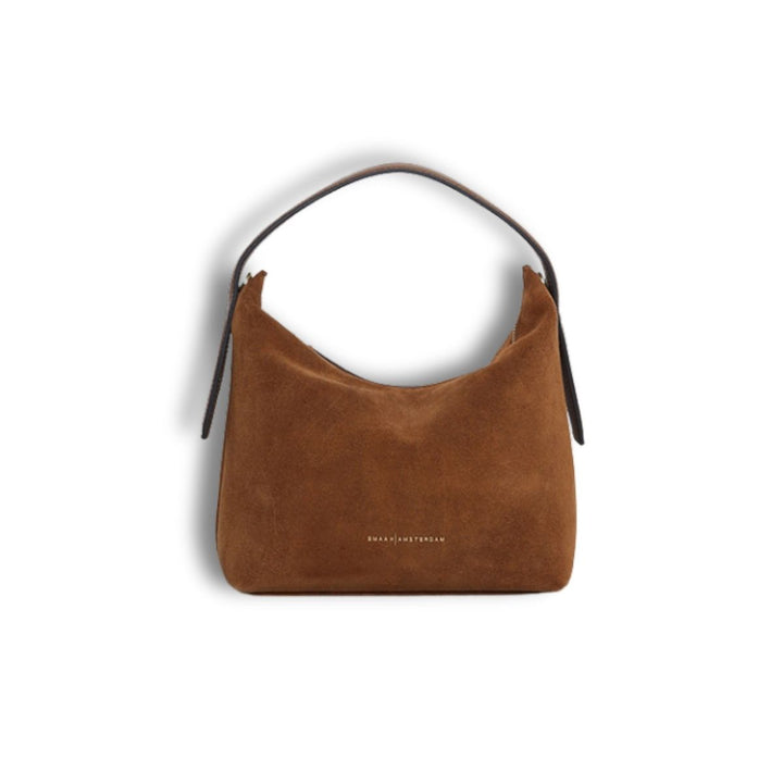 Voorkant van de Smaak Amsterdam Tara suede handtas in camel #kleur_camel