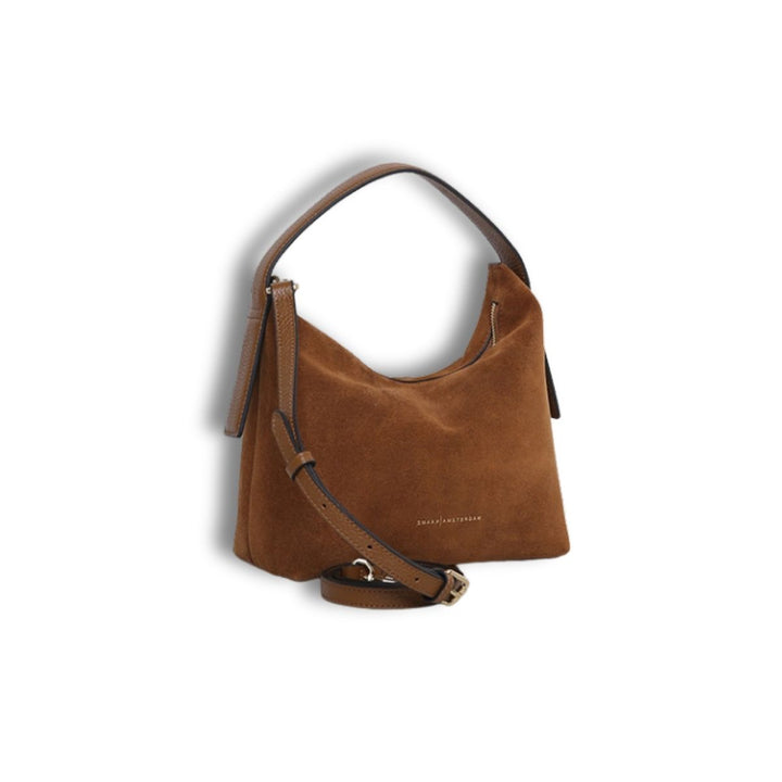 Voorzijde van de Smaak Amsterdam Tara suede handtas in camel #kleur_camel