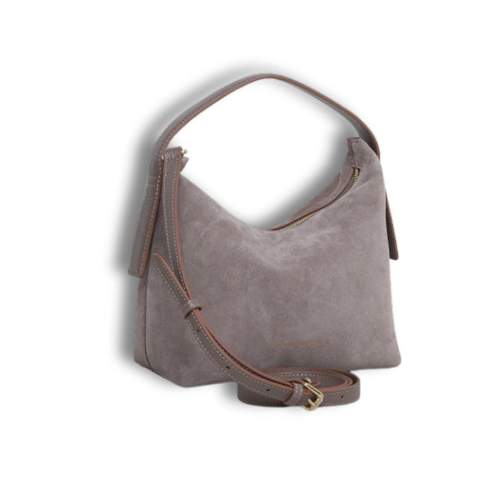 Voorzijde van de Smaak Amsterdam Tara suede handtas in clay #kleur_clay