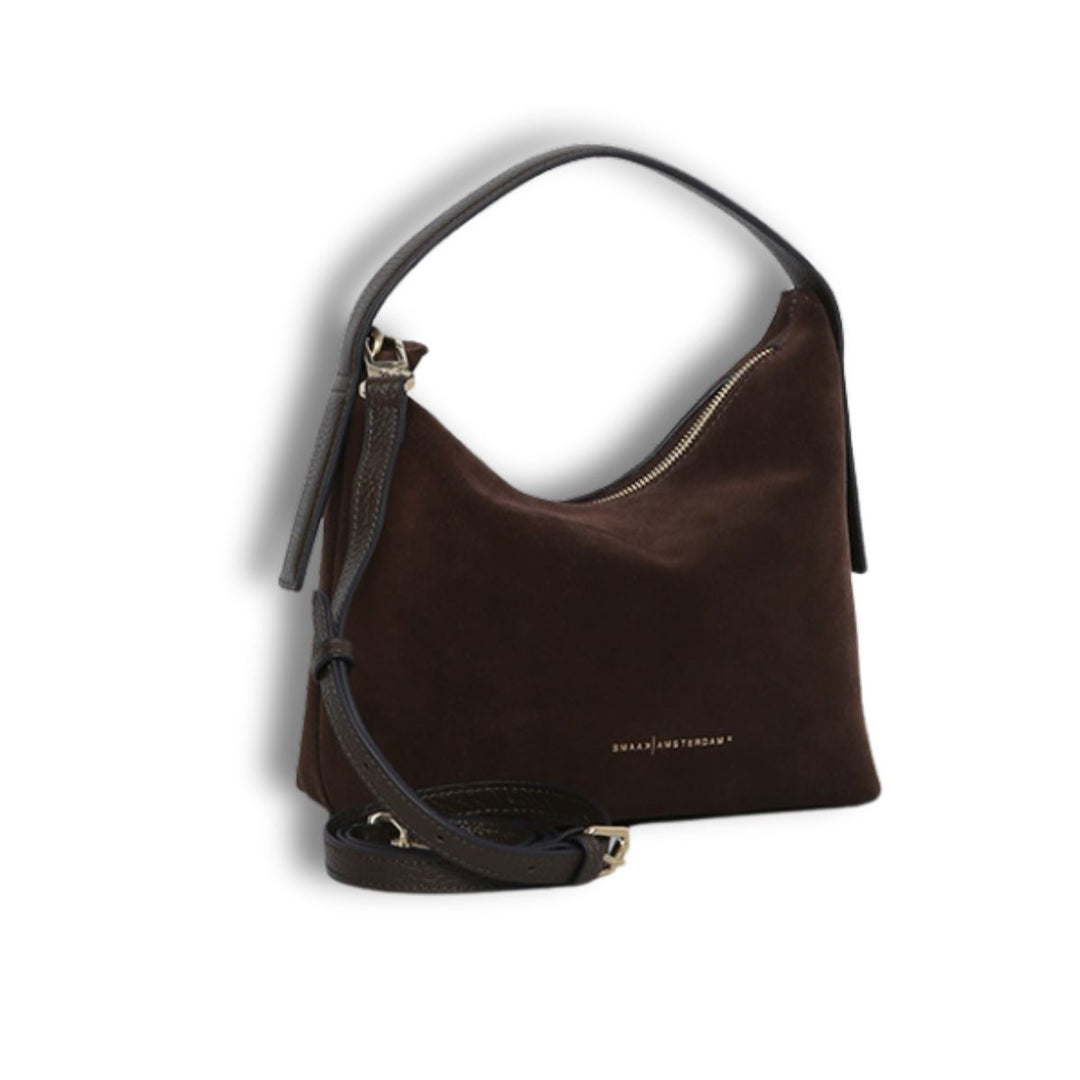 Voorzijde van de Smaak Amsterdam Tara suede handtas in moss met schouderriem #kleur_moss