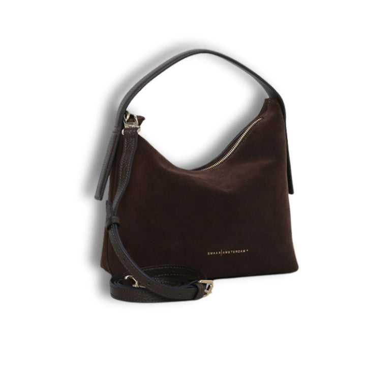Voorzijde van de Smaak Amsterdam Tara suede handtas in moss met schouderriem #kleur_moss