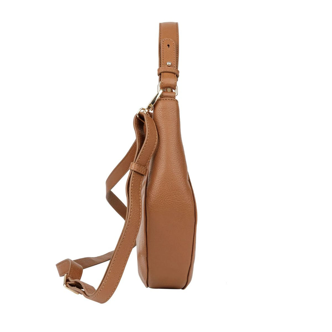 Zijkant van de Sparwell leren schoudertas cognac #kleur_cognac