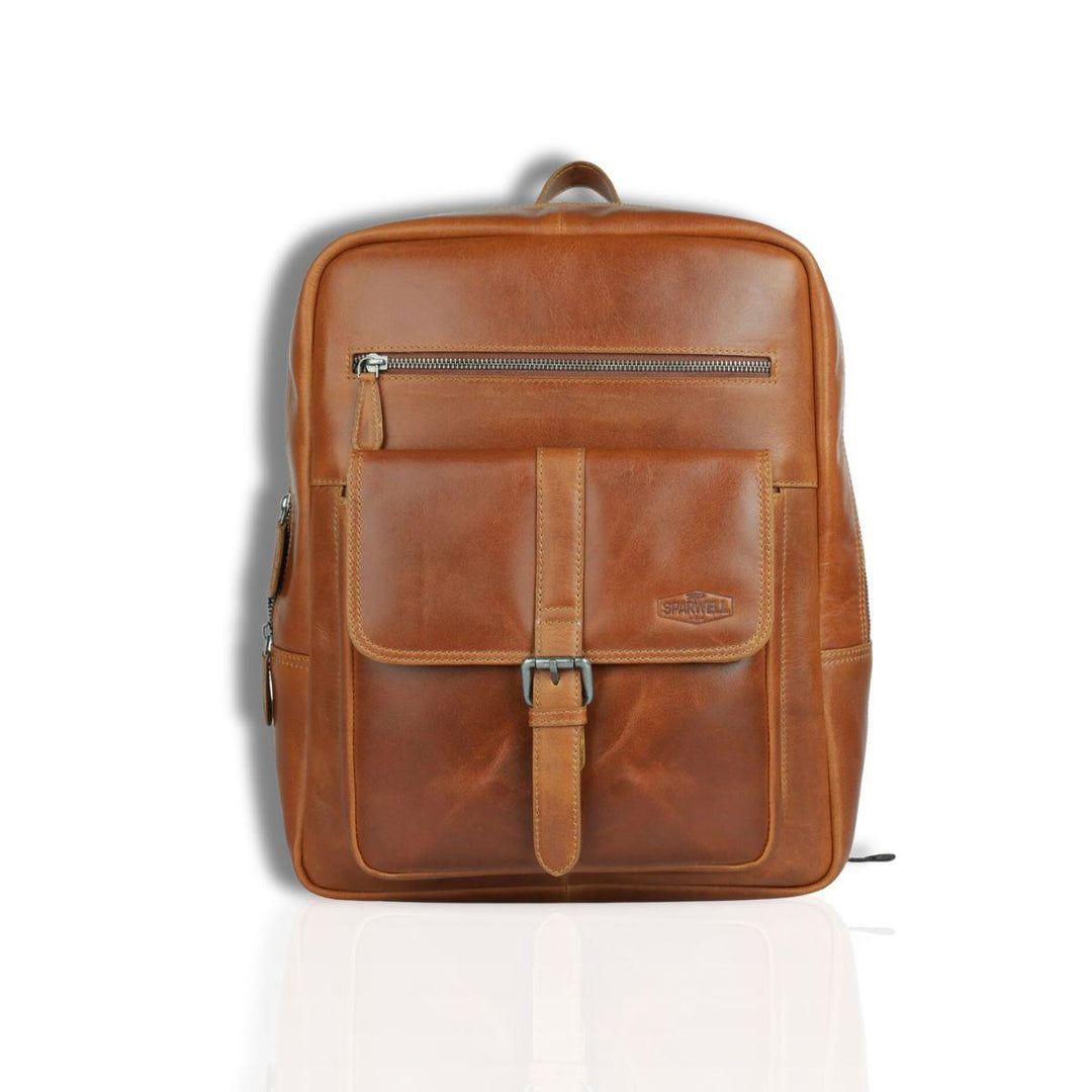 Voorkant Sparwell komfort leren laptop rugzak cognac #kleur_cognac