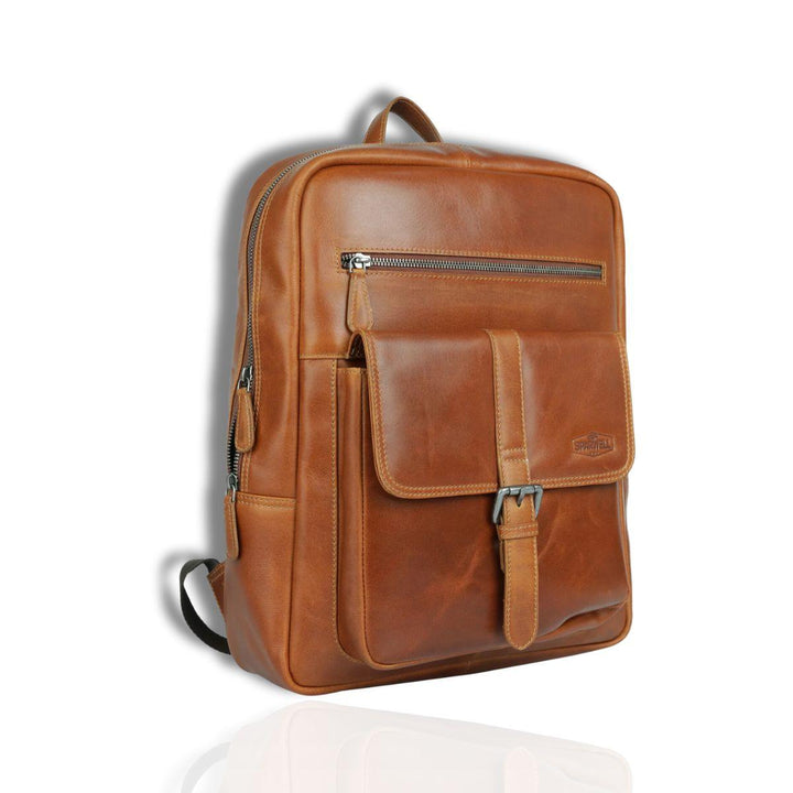 Voorzijde Sparwell komfort leren laptop rugzak cognac #kleur_cognac