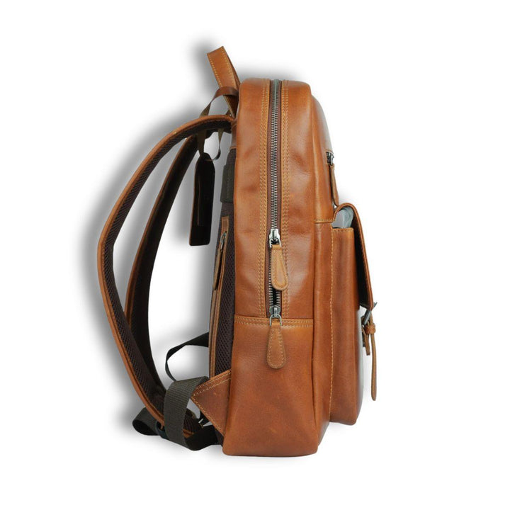 Zijkant Sparwell komfort leren laptop rugzak cognac #kleur_cognac