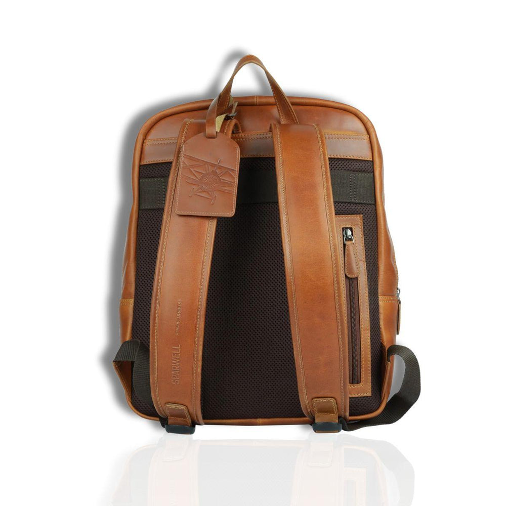 Achterkant Sparwell komfort leren laptop rugzak cognac #kleur_cognac