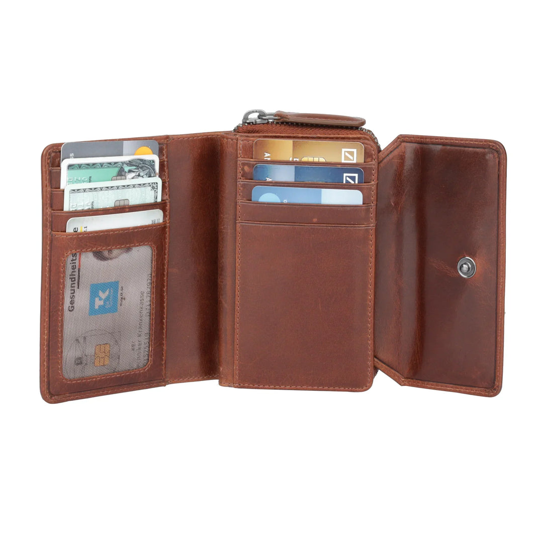 Binnenkant in gebruik van de Sparwell Nola dames portemonnee cognac #kleur_cognac