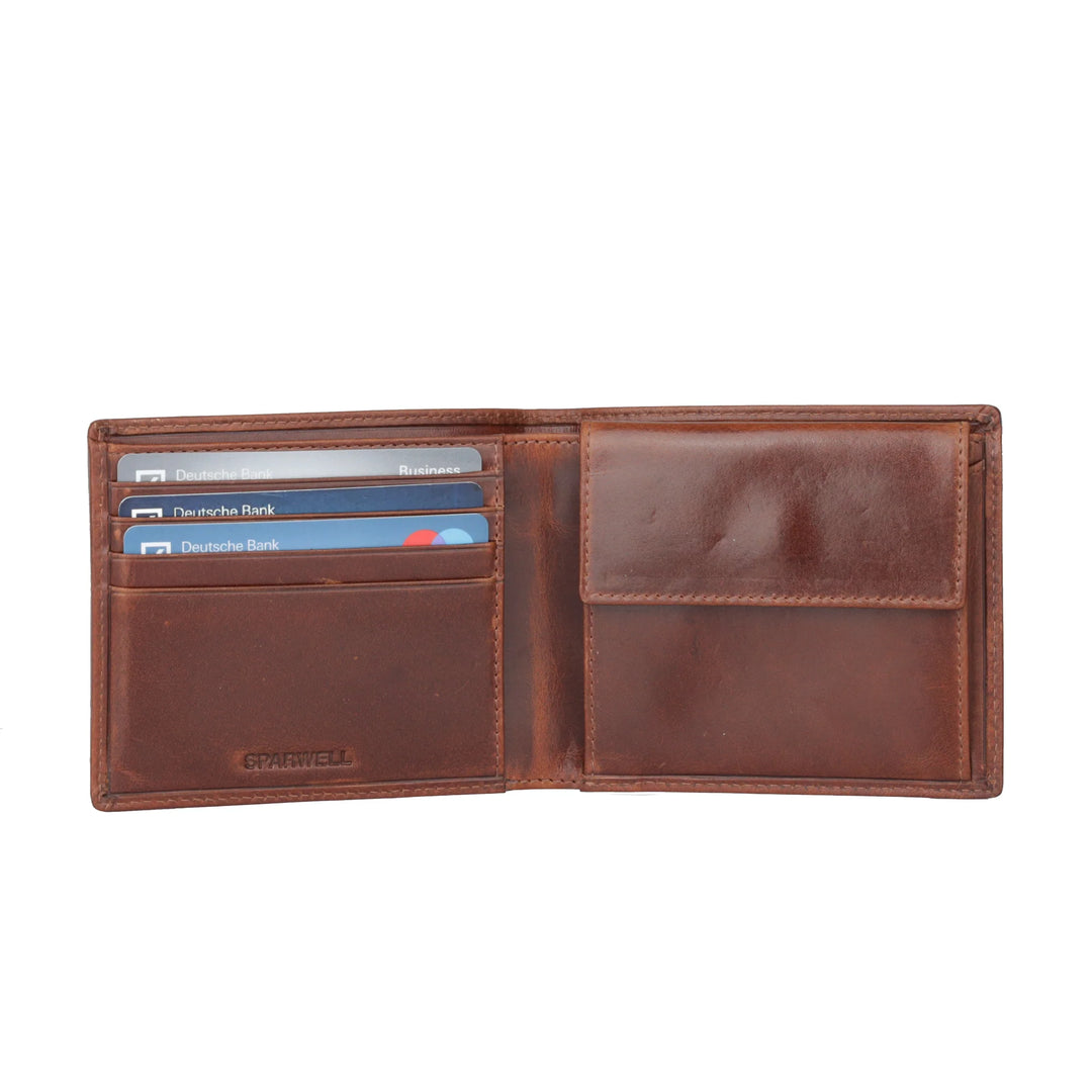 Binnenkant in gebruik van de Sparwell Noble Nolan leren portemonnee cognac #kleur_cognac