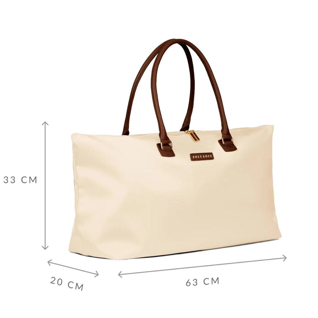 Voorzijde met afmetingen van de Suitsuit travel tote wit #kleur_wit