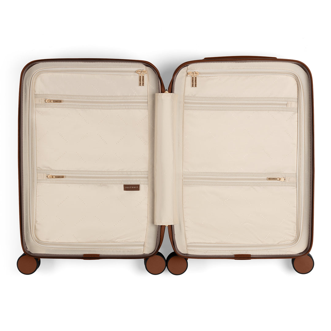 Binnenkant van de SUITSUIT Serenity handbagage koffer in de kleur chocolade #kleur_chocolade