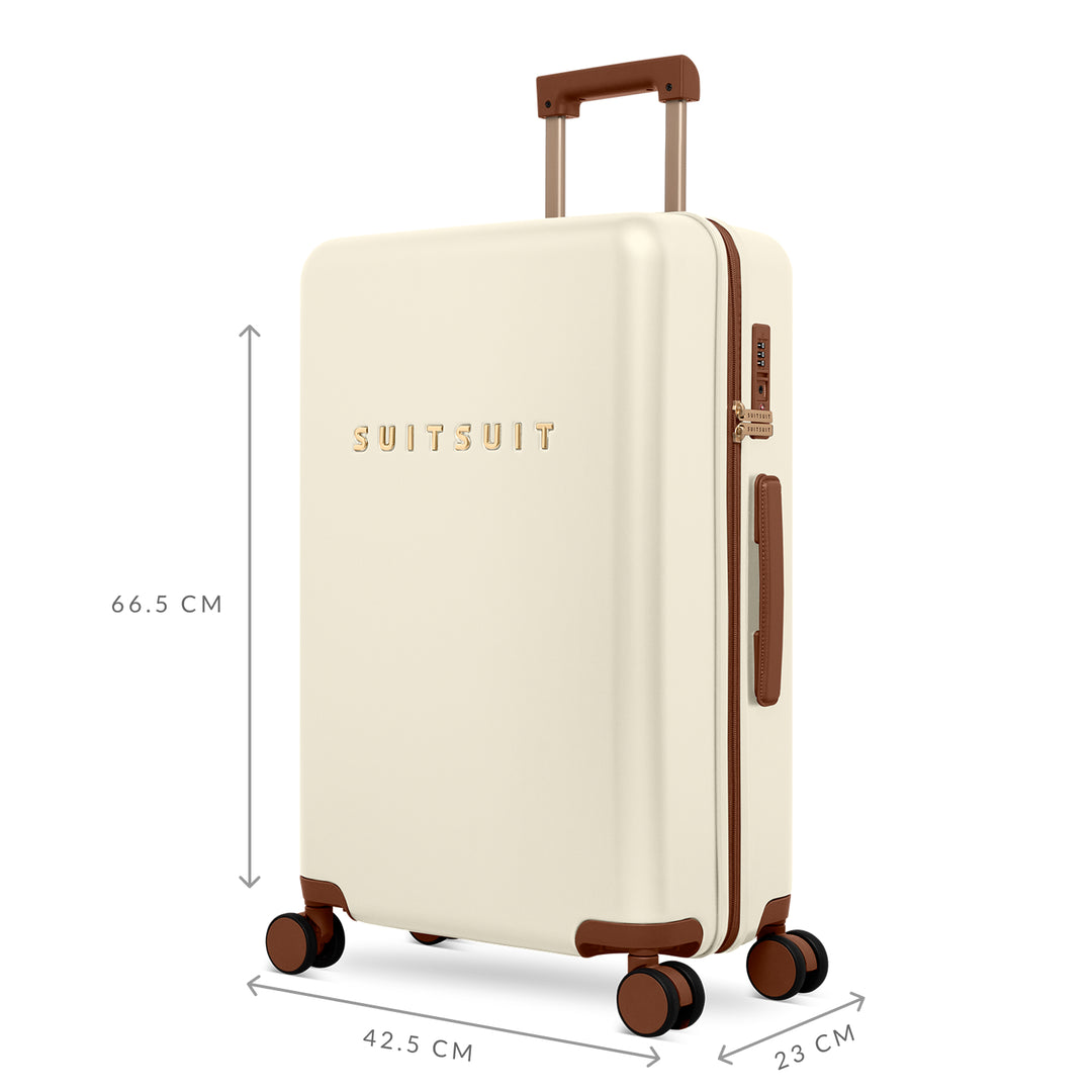Zijkant met afmetingen van de SUITSUIT Serenity middelmaat koffer 66 in whisper white #kleur_whisper-white