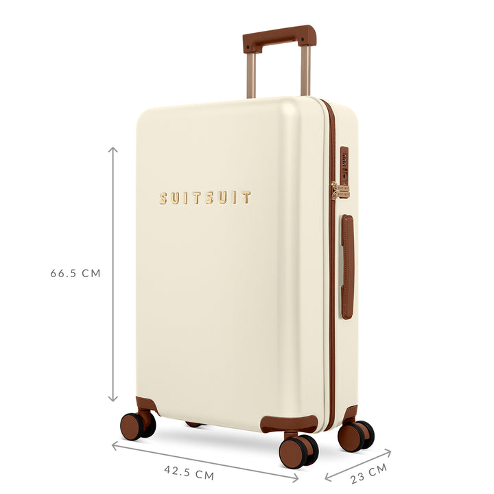Zijkant met afmetingen van de SUITSUIT Serenity middelmaat koffer 66 in whisper white #kleur_whisper-white