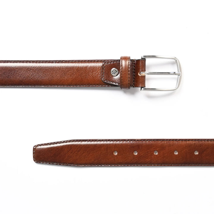 Voor en achterkant van de Castelijn en Beerens herenriem cognac #kleur_cognac
