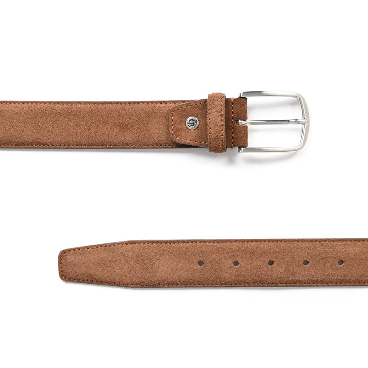 Voor en achterkant van de Castelijn en beerens suede herenriem bruin #kleur_bruin