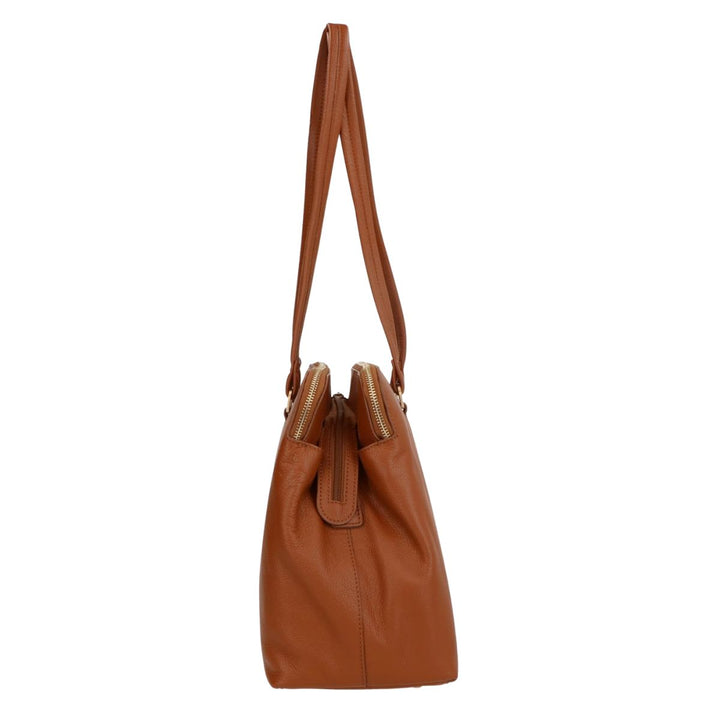 Zijkant Lou Lou Oliva leren werktas cognac #kleur_cognac
