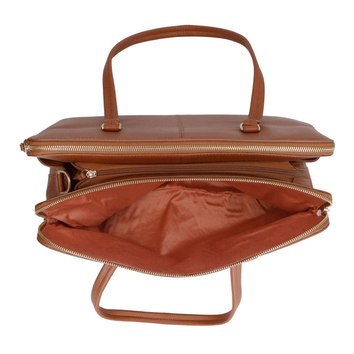 Binnenkant laptop vak Lou Lou Oliva leren werktas cognac #kleur_cognac