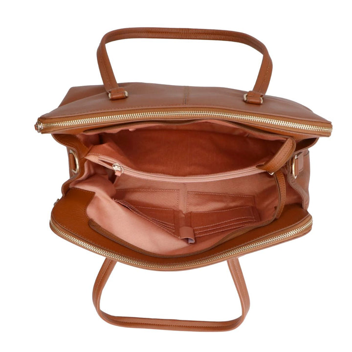 Binnenkant Lou Lou Oliva leren werktas cognac #kleur_cognac