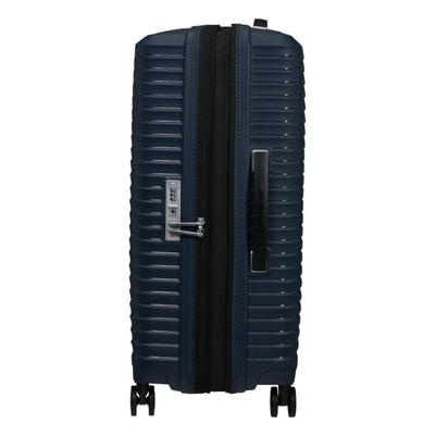 Zijkant met expendable Samsonite upscape spinner 68 midnight blue #kleur_midnight-blue